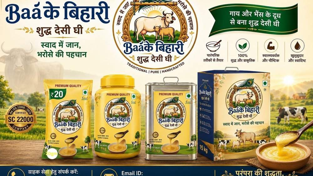 Banke Bihari ghee pack range: pouch, jar, tin and box