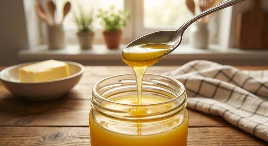 Banke Bihari golden desi ghee drizzling from a spoon